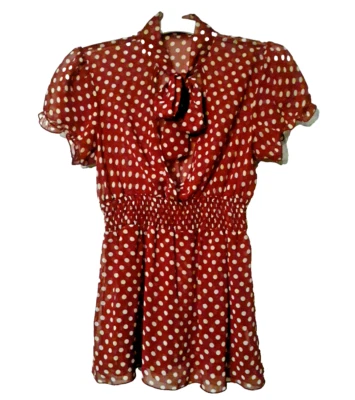 Blusa Top Para Mujer Cuello Atado Lunares Transparente Rojo Manga Corta Peep Hole Pullover Foto 1 de 4