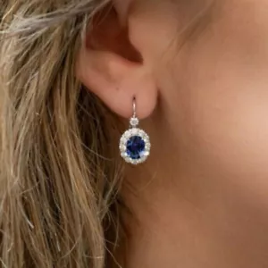 3.50Ct Oval Cut Blue Sapphire Diamond Drop/Dangle Earrings 14K White Gold Finish - Picture 1 of 4