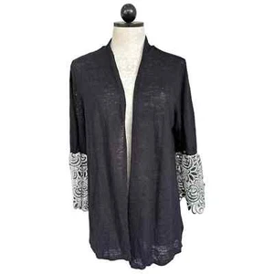 Alfani Open Front Linen Cardigan Black Sweater White Lace Bell Cuffs Size Large - Picture 1 of 16
