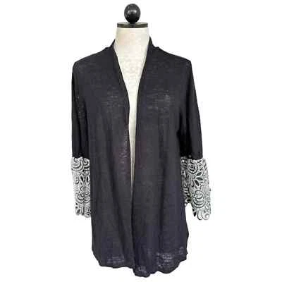 Alfani Open Front Linen Cardigan Black Sweater White Lace Bell Cuffs Size Large - Image 1 of 4