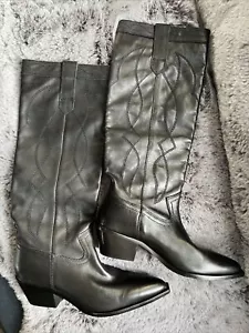 Zara Black Leather Knee High Cowboy Boots. Size 6.5 US / 37 EUR New - Picture 1 of 10