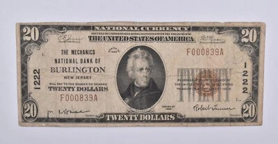 1929 $20 Burlington NJ US National Currency Brown Seal *9158 - Image 1 of 3