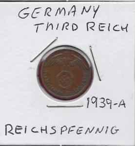 GERMANY THIRD REICH 1 REICHSPFENNIG 1939-A SWASTIKA BELOW THE EAGLE,VALUE WITH O - Picture 1 of 2