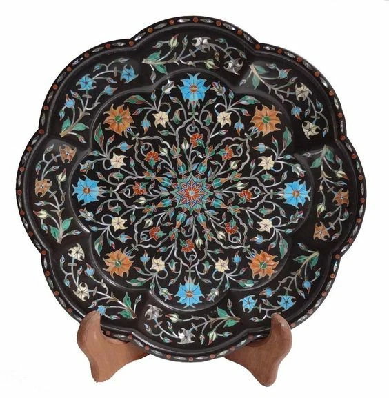 Bandeja Mármol Negro 12" Marquetería Incrustación Floral Semi Preciosa Trabajo Hogar Decorativo Foto 1 de 1