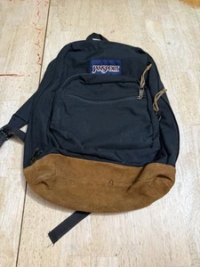 Vintage Jansport Black Backpack Suede Leather Bottom Great Condition Made In USA - Picture 1 of 9