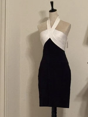 NWT - Designer Tadashi Shoji Black & White Halter Dress Size 8 - Image 1 of 4