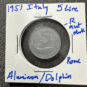 1951 Italy 5 Lire, KM# 92. Aluminum. R Mint Mark For Rome. Dolphin. - Picture 1 of 4