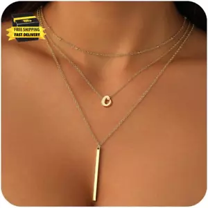 Layered Initial Necklace for Women, 14K Real Gold Plated A-Z Letter Necklace Cut - Picture 1 of 7