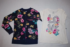 Girls 2 PC SET Navy Blue Jacket FLOWERS Ivory T-Shirt LOVE Butterfly M 7-8 - Picture 1 of 1