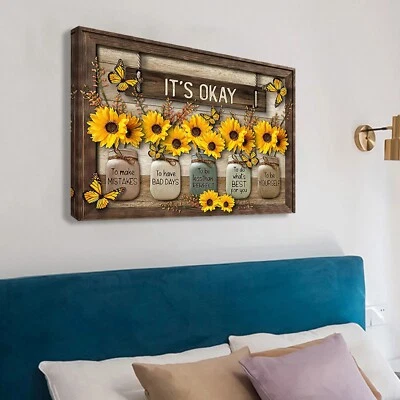 Butterfly Sunflower Wall Art Painting It Ok to Make Mistake Vase Framless Canvas - Image 1 of 4