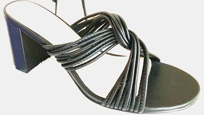 Stuart Weitzman Twist Strappy Slide Black Leather 8.5M Block Heel Brand New! - Image 1 of 4