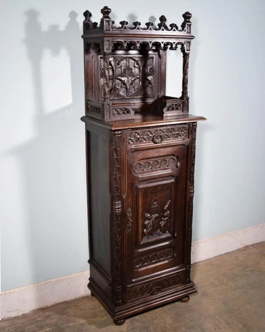 *Antique French Gothic Revival Cabinet/Console/Sideboard, Highly Carved Chestnut Cover