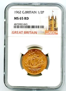 1962 1/2P GREAT BRITAIN HALF PENNY NGC MS65 RD COPPER QUEEN ELIZABETH - SCARCE - Picture 1 of 2