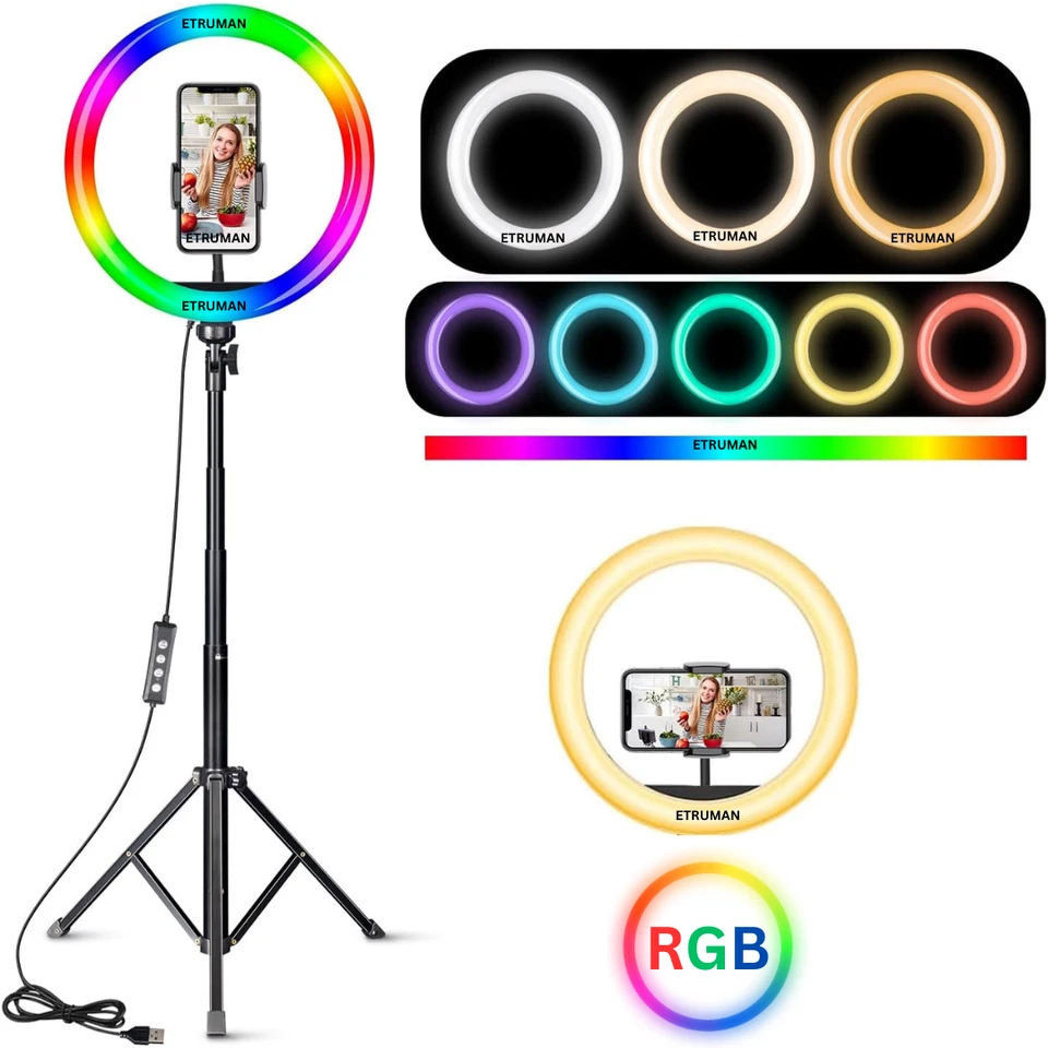 Large 30cm Multicolour Ring Light Rainbow RGB Video Tripod Phone Holder Included - Image 1 of 4