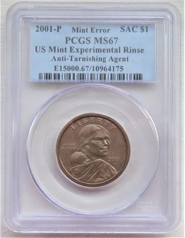 2001-P PCGS MS67 Sacagewea dollar Mint error  Experimental Rinse, Superb GEM 67 Cover