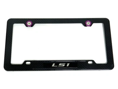 LS1 LS-1 CARBON FIBER LOOK LICENSE PLATE FRAME W/ 2 PURPLE WASHERS & BOLTS - Image 1 of 4