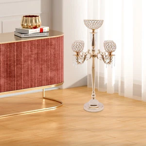 5 Arm Crystal Candelabra Wedding Centerpiece Votive Candle Holder Gold - Picture 1 of 21