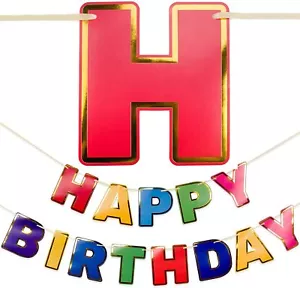 Banner de Feliz Cumpleaños Pre-Encordado Letras Coloridas con Borde de Lámina Dorada Sin Montaje - Imagen 1 de 9