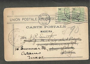 1906 FUNCHAL MADIERA TO ADAMS ,MASS POSTCARD - Picture 1 of 2