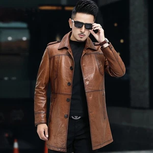 Cappotto trench uomo vera pelle di pecora medio lungo monopetto giacca soprabito - Foto 1 di 25