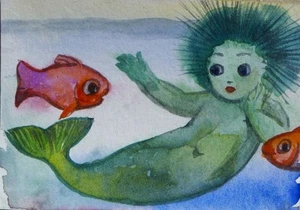 ACEO watercolor painting Dora Pilssala original fantasy Little Mermaid and fish - Picture 1 of 1