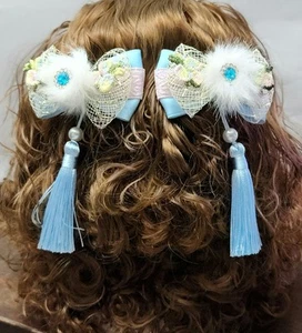 Handmade Blue Jewel Hair Clips With Tassel (Left & Right Clip) - Picture 1 of 6