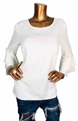 Coco Bianco L Top Ivory Pearls Blouse 3/4 Bell Sleeves Sheer Stretch Sexy Wear - Image 1 of 4