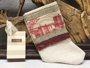Handmade MINI STOCKING From Antique Vintage Textiles byB-VIZ White w/BurgundyL90 - Picture 1 of 12