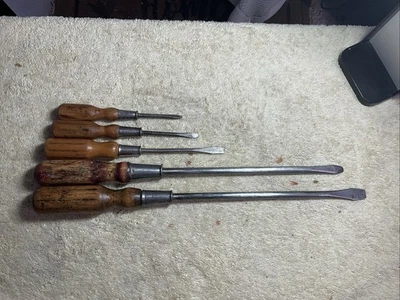 5 Wood Handle Stanley & Miller Falls, HURWOOD, Full Teng 6” - 16” Screwdrivers - Image 1 of 4