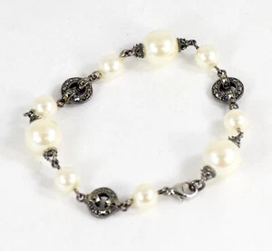 Judith Jack White Pearl Grey Black MARCASITE Stones Bracelet 8 inch Detailed - Picture 1 of 3