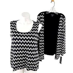 NWT PERCEPTIONS 2 PC TANK CARDI JACKET SET BLACK WHITE ZIG ZAG - 14W - Picture 1 of 8