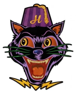 LARGE Vintage Style Metal Sign Halloween Black Cat Fez Spooky Cute Art Print - Picture 1 of 1