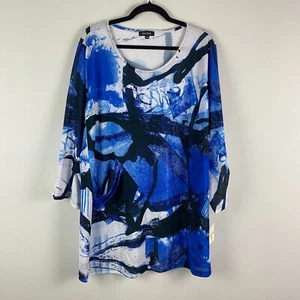 Damee Tunic Top Size 3X 3/4 Sleeves Blue Abstract Artsy Print Stretch Mesh - Picture 1 of 10