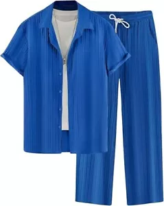 COOFANDY Men's 2 Piece Outfit Short Sleeve Button Down Shirt Loose Pants Set - Picture 1 of 11