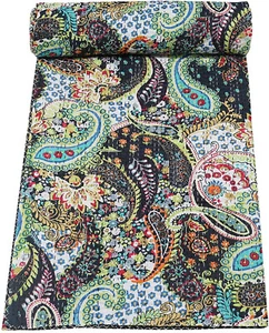 Traditional Kantha Quilt Cotton Bedspread Queen Size Blanket Paisley Coverlet - Picture 1 of 7