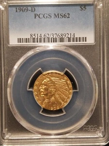 1909-D $5.00 Half Eagle Gold Coin * PCGS MS62 - Picture 1 of 6