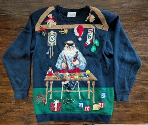 Maglione vintage Susan Bristol brutto Natale S Babbo Natale’s Workshop ricamato a mano 3D - Foto 1 di 14