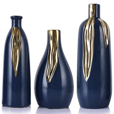 Juego de 3 jarrones de cerámica azul y dorado, juego de jarrones de cerámica para decorativos, azules y... Foto 1 de 4