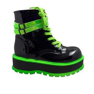 Demonia Slacker 52 Platform Combat Boots Womens Size 9 Black Neon Green Patent - Picture 1 of 9