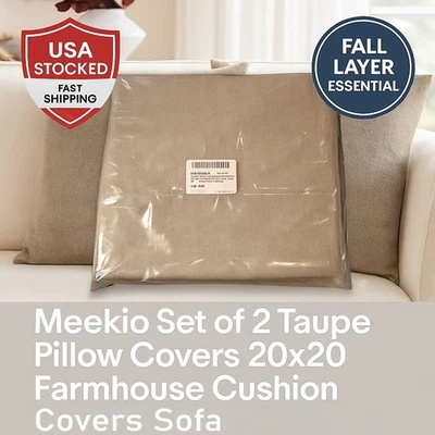 Pillow Covers 20x20 Set of 2 Taupe Grey Linen Sofa Cushion Decor by Meekio NEW - Image 1 of 3