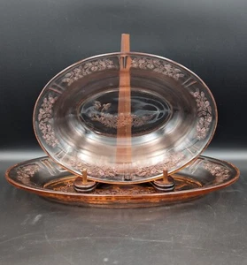Vintage Pink Depression Glass Oval Serving Bowl & Platter Embossed Cabbage Rose - Picture 1 of 24