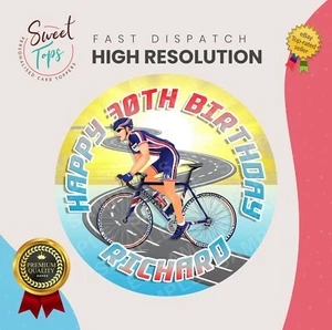 TOPPER TORTA DI COMPLEANNO COMMESTIBILE DA CICLISMO DECORAZIONE PERSONALIZZATA - Foto 1 di 1