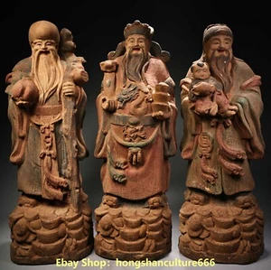 China old wood painted carved Taoism 3 Longevity God Fu Lu Shou Life Statue set - Picture 1 of 14