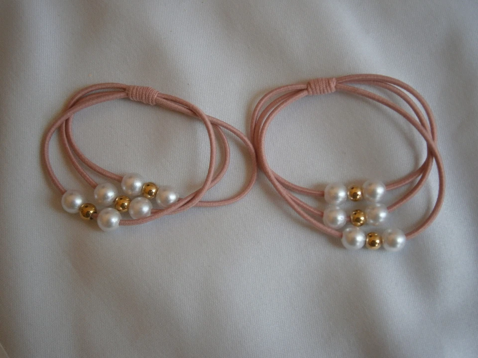 2 Wedding  Hair Accessory Pink Elastic Ponytail with Pearls & Gold Balls - Image 1 of 3