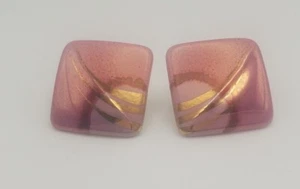 Vintage Artisan Glazed Pink Porcelain Art Square Earrings Pierced Studs Gold - Picture 1 of 5