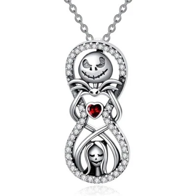 925 Placcato Argento Love You Coppia Teschio Cuore Lucente Famiglia Collana Con - Immagine 1 di 4