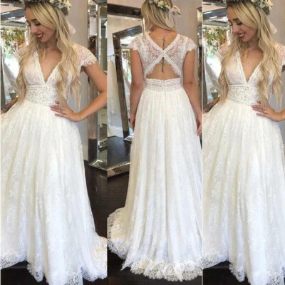 Lace Wedding Dresses for Bride Long A Line V Neck Cap Sleeves Lace Bridal Gowns - Image 1 of 4