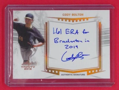 2019 Leaf Trinity Cody Bolton Autographs Inscription #ACB3 Pittsburgh Pirates - Image 1 of 2