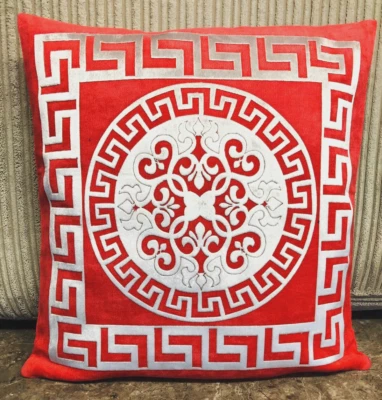 Greek Keys/Border Geometric Circle Red & Silver Decorative Pillow Throw Cover - Image 1 of 3
