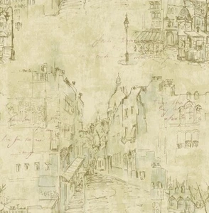 Paris Streets Sketches Shaded Dark Cream w/ Green on Unpasted Wallpaper RS70704 - Picture 1 of 2